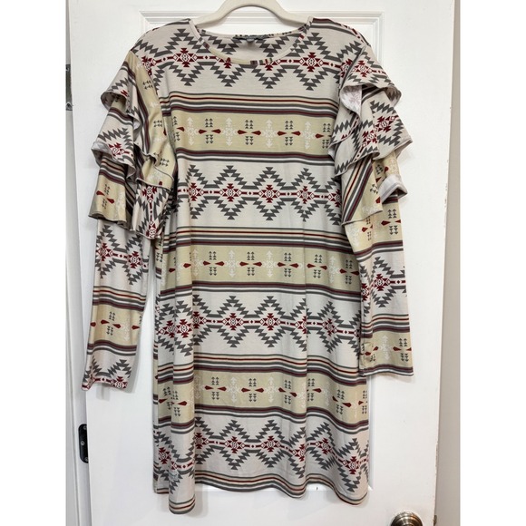 Simply Southern Dresses & Skirts - Simply Southern Southwestern Ruffle Sleeve Dress Cream Gray Red Large Boho